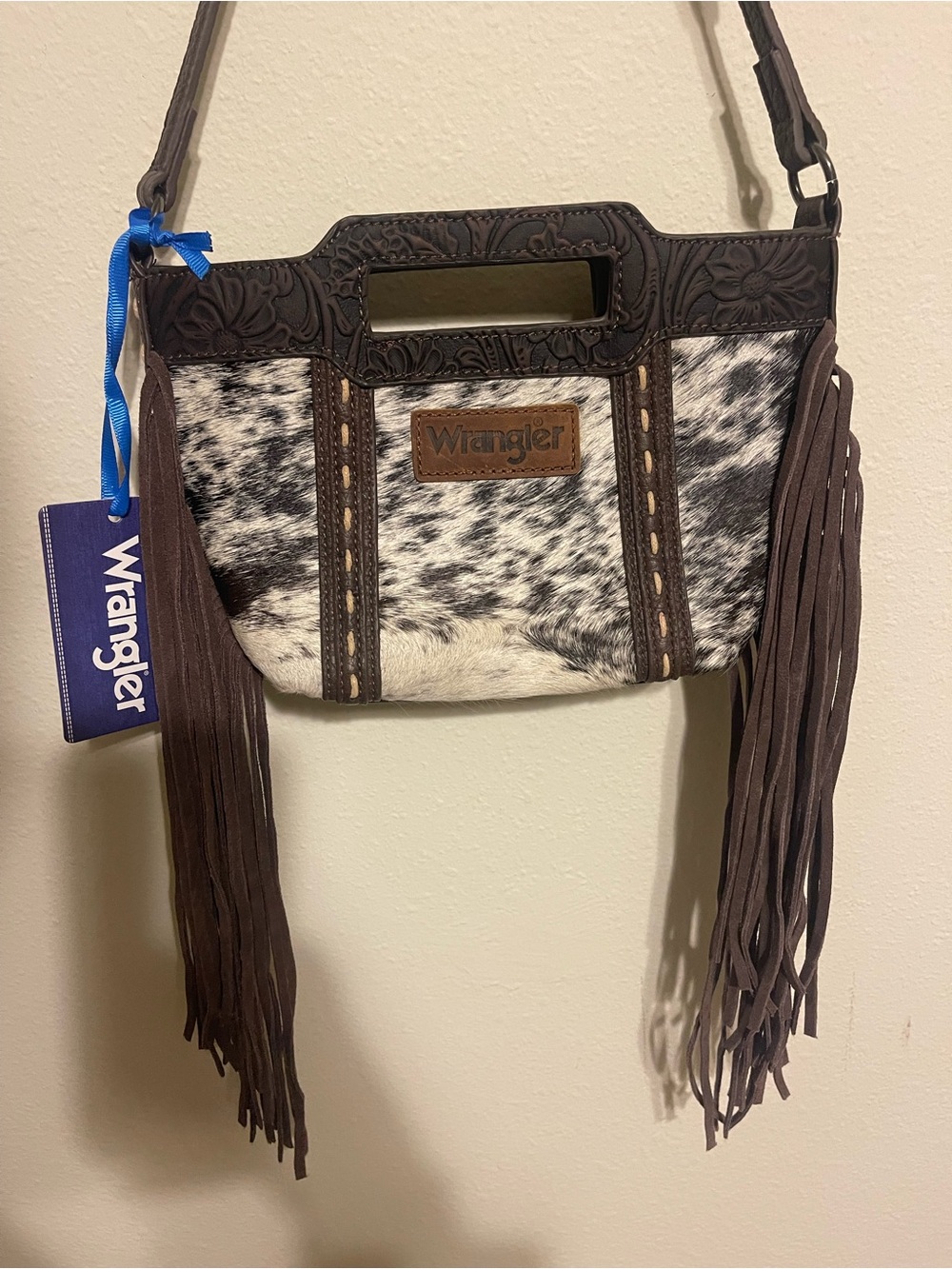 Wrangler Brown Cowhide Fringe Crossbody Bag